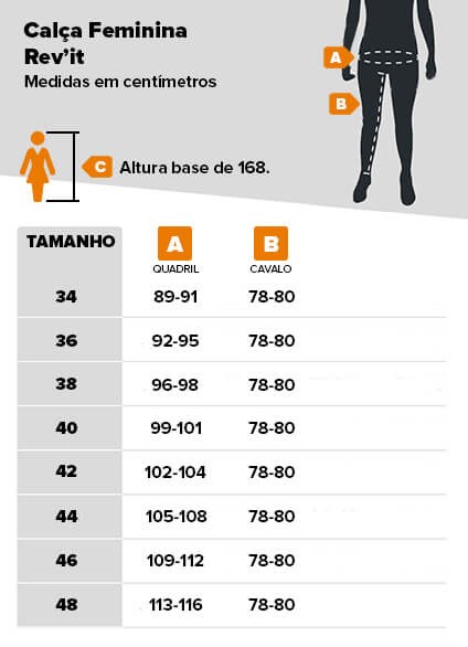 Tabela de medidas calça Revit feminina